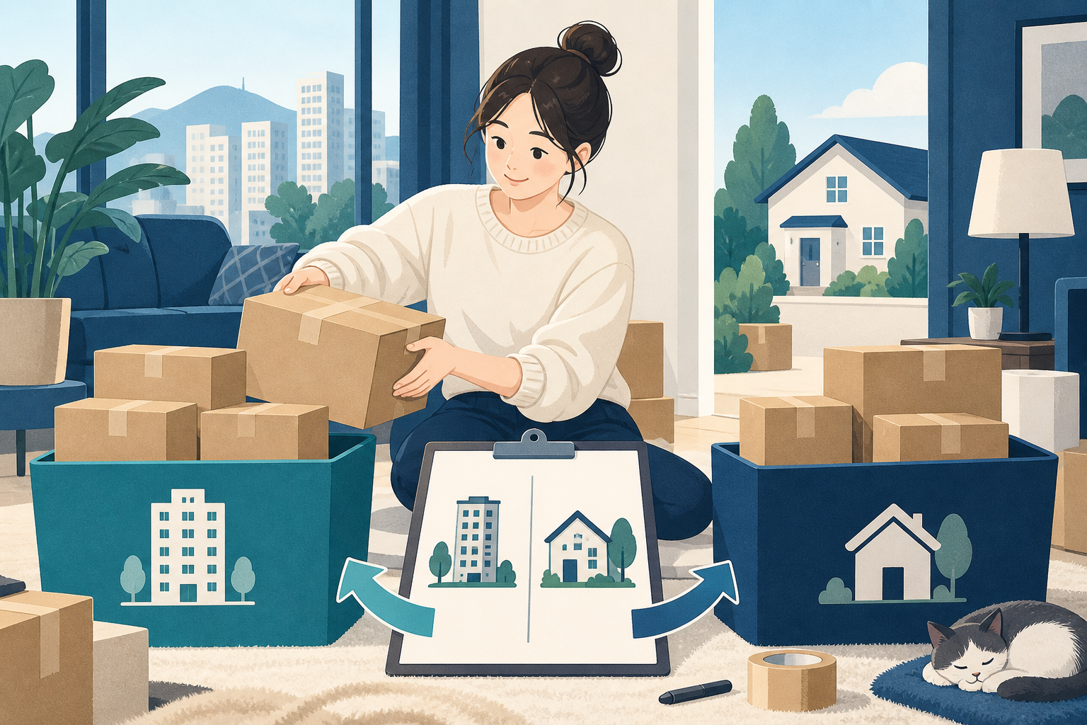 이삿짐을 두 곳으로 나눠 보낼 때 목적지별 목록 만드는 방법 관련 설명용 삽화